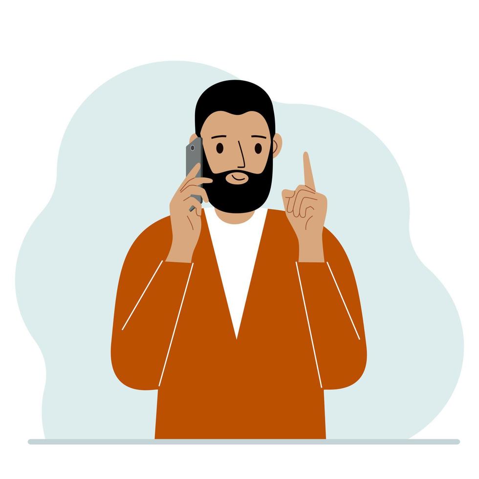 Smiling man talking on a cell phone with emotions. One hand with the phone the other with a forefinger up gesture. Vector flat illustration