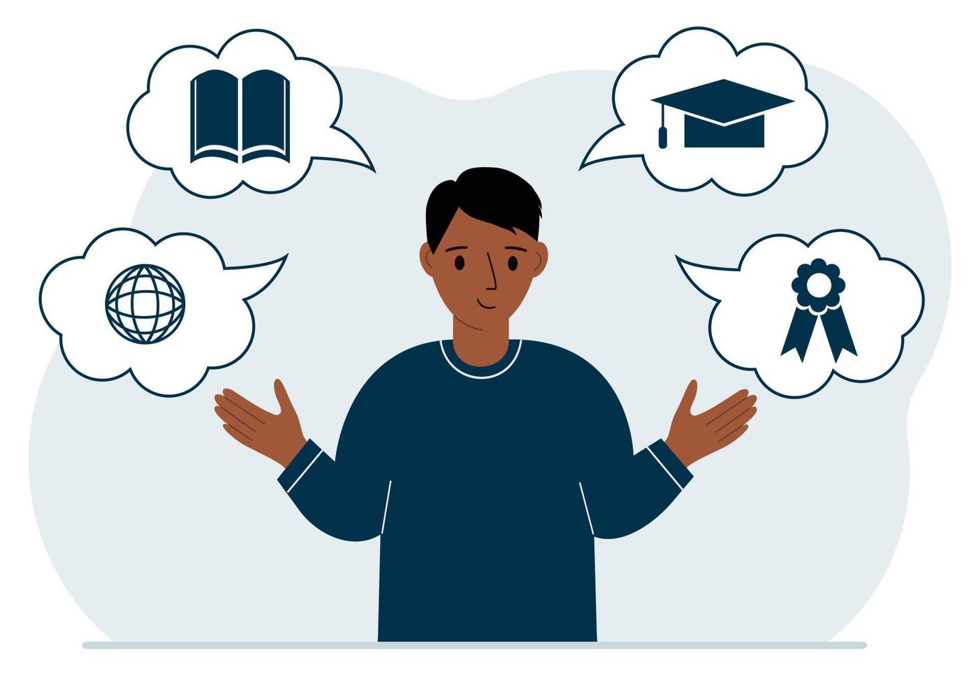 Happy man with thoughts about learning. Internet profession, higher education, stock exchange, financial literacy. Various icons about education. Vector flat illustration