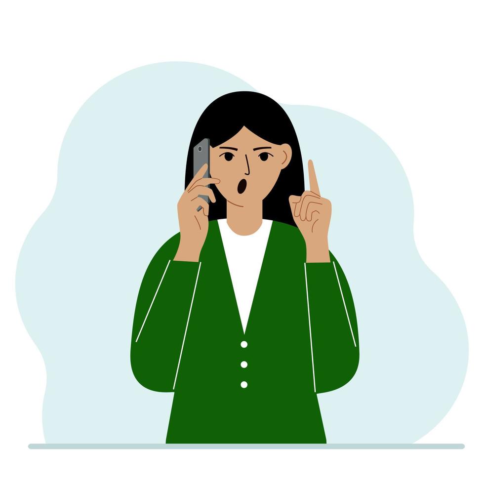 Screaming woman talking on a cell phone with emotions. One hand with the phone the other with a forefinger up gesture. Vector flat illustration