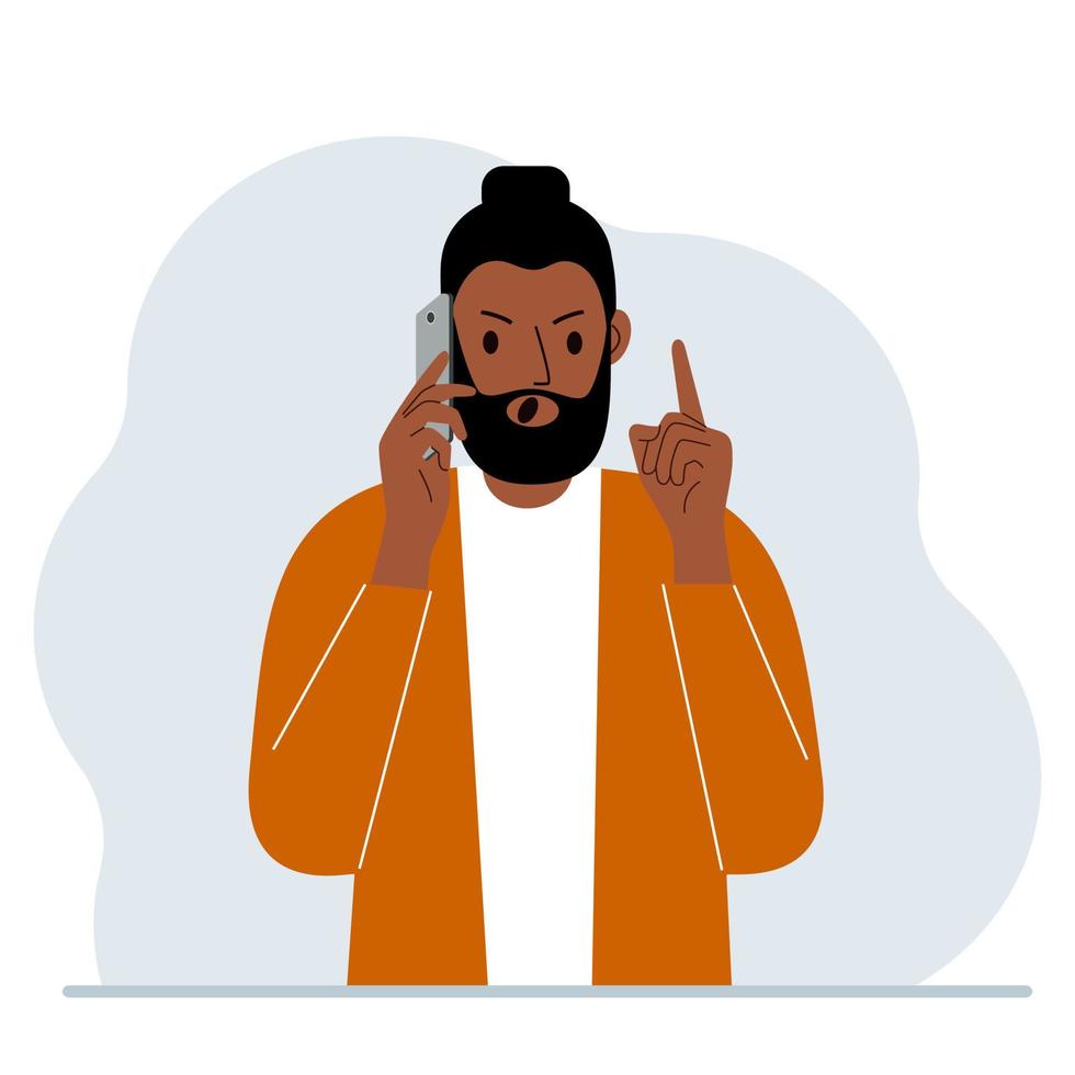 hombre gritando hablando por un teléfono celular con emociones. una mano con el teléfono la otra con un gesto de dedo índice hacia arriba. ilustración plana vectorial vector