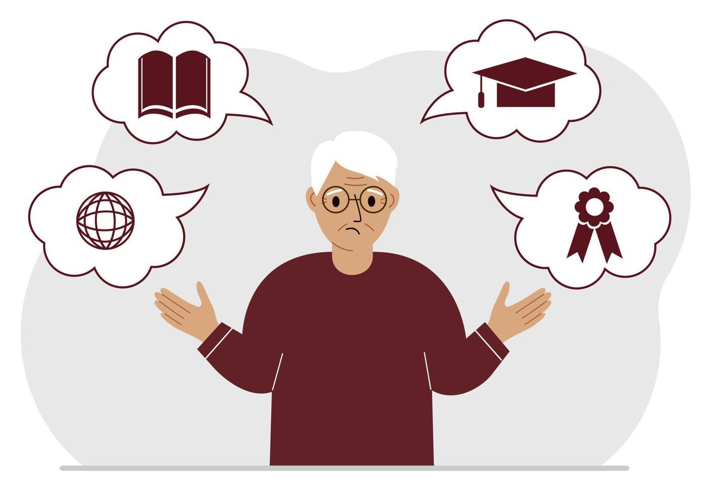 Sad grandfather with thoughts about learning. Internet profession, higher education, stock exchange, financial literacy. Various icons about education. Vector flat illustration