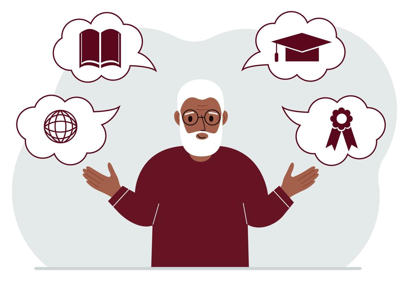 Happy granddad with thoughts about learning. Internet profession, higher education, stock exchange, financial literacy. Various icons about education. Vector flat illustration