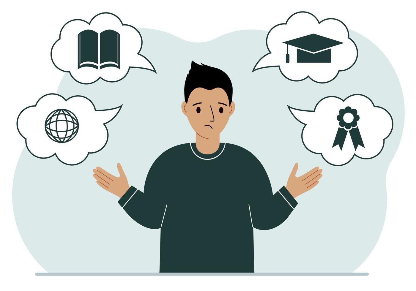 Sad man with thoughts about learning. Internet profession, higher education, stock exchange, financial literacy. Various icons about education. Vector flat illustration