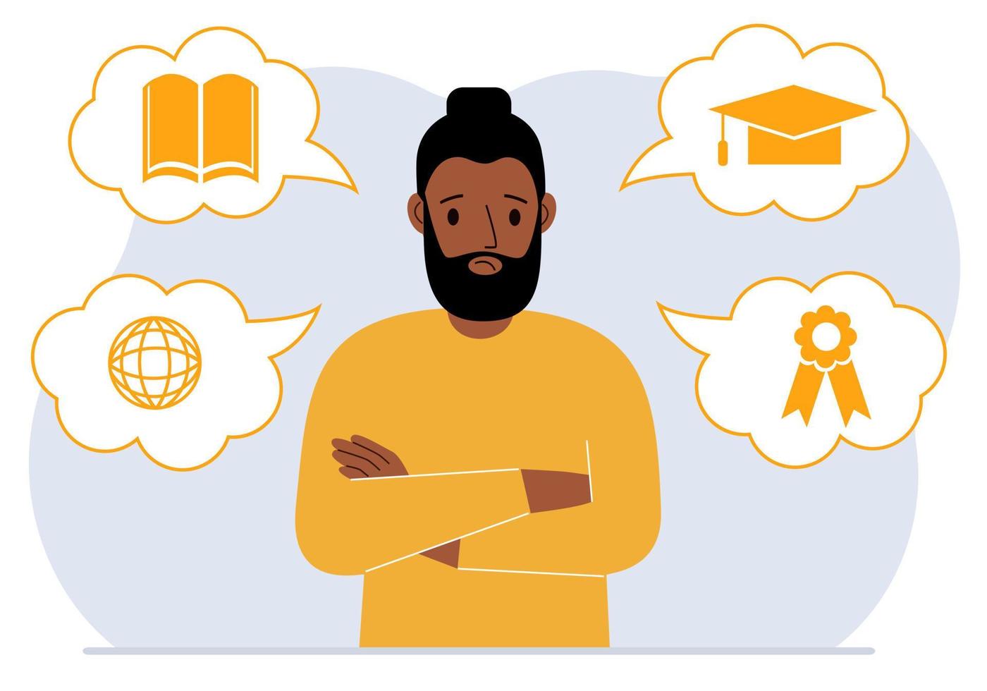 Sad man with thoughts about learning. Internet profession, higher education, stock exchange, financial literacy. Various icons about education. Vector flat illustration