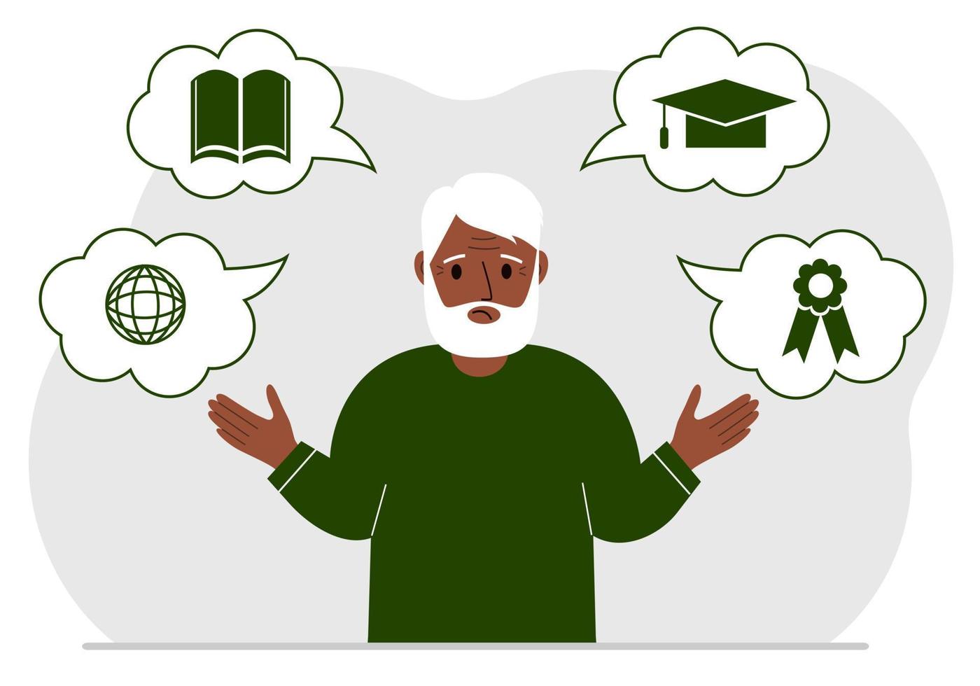 Sad grandfather with thoughts about learning. Internet profession, higher education, stock exchange, financial literacy. Various icons about education. Vector flat illustration