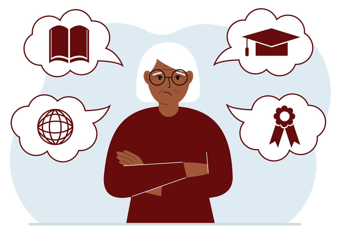 Sad grandmother with thoughts about learning. Internet profession, higher education, stock exchange, financial literacy. Various icons about education. Vector flat illustration