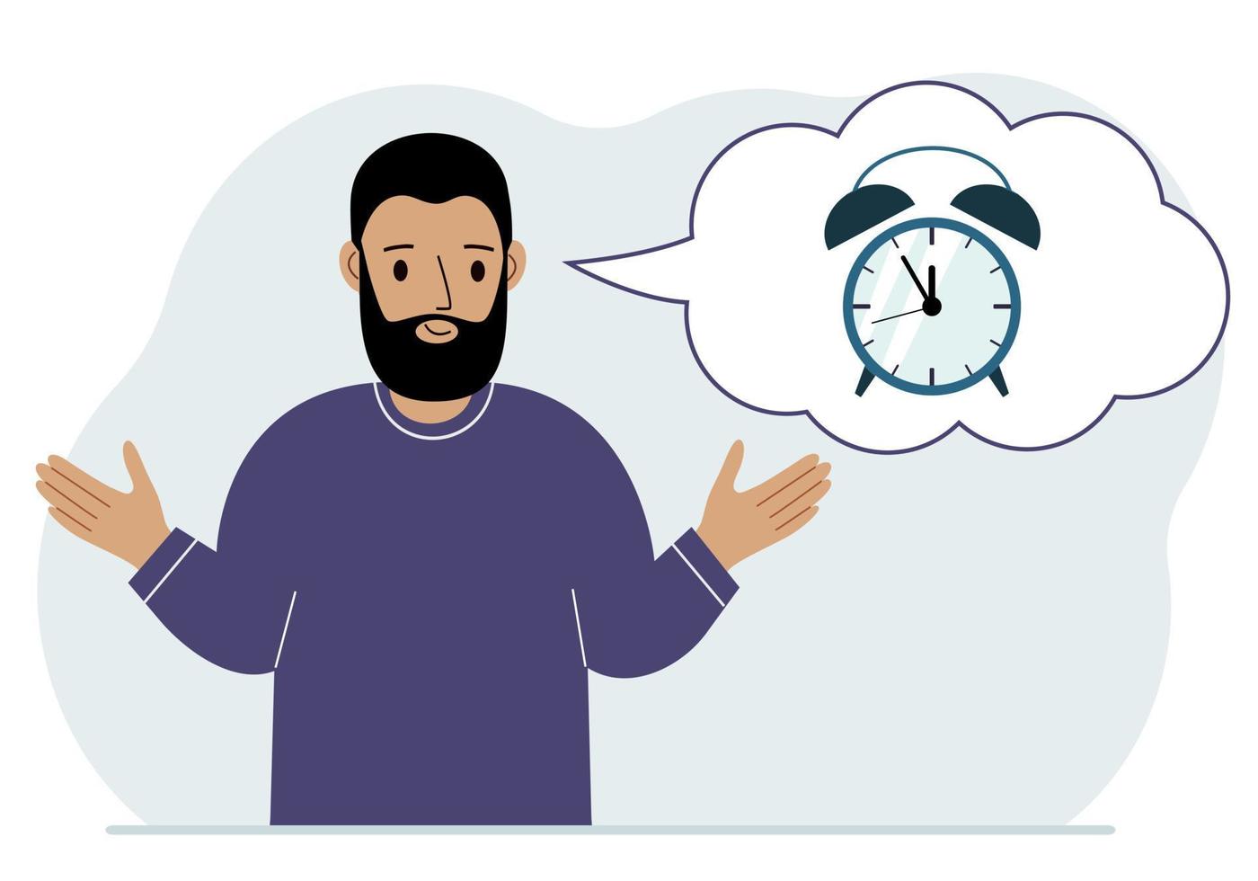 Happy man with thought balloon with alarm clock. Time management, planning, organization of working time, effective business, deadline. Vector flat illustration