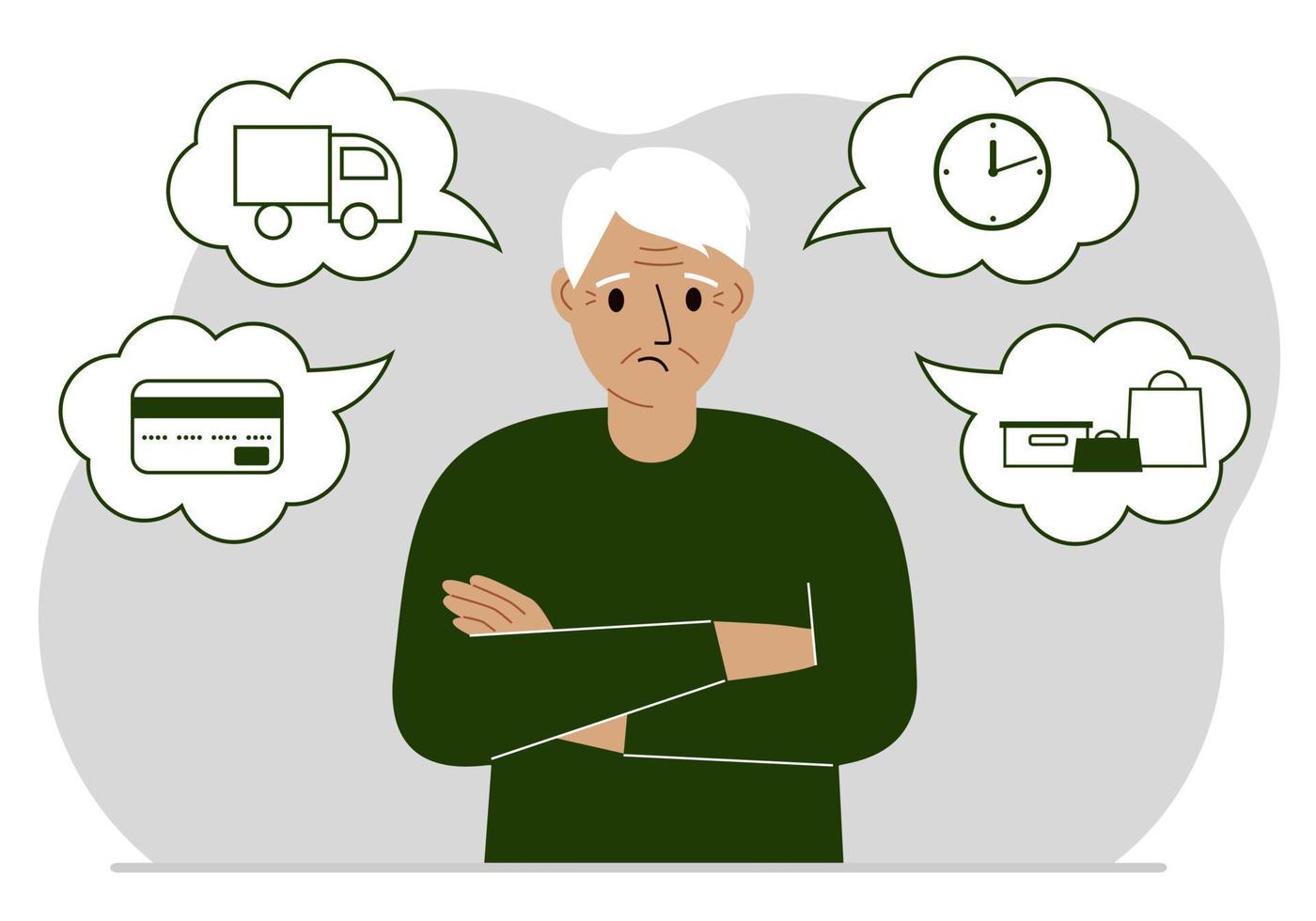 Ordering and delivery process concepts. Sad grandfather and steps of a delivery order. Payment, delivery car, waiting hours and goods and purchases. Vector flat illustration