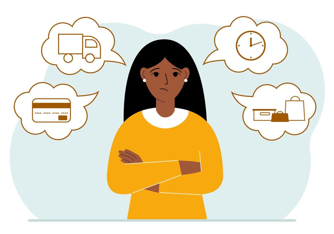 Ordering and delivery process concepts. Sad woman and steps of a delivery order. Payment, delivery car, waiting hours and goods and purchases. Vector flat illustration