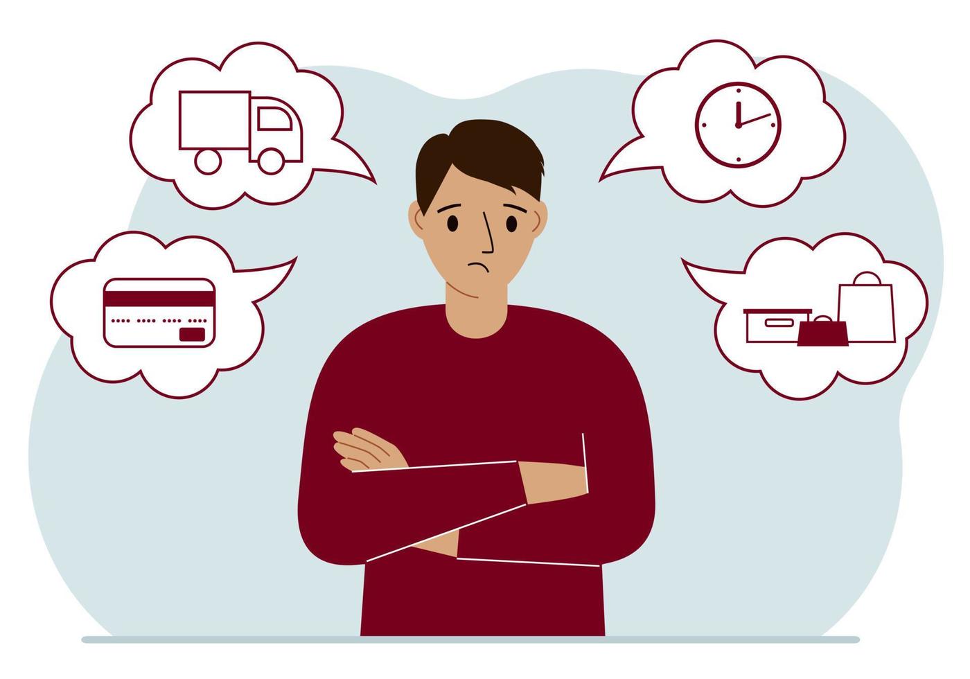 Ordering and delivery process concepts. Sad man and steps of a delivery order. Payment, delivery car, waiting hours and goods and purchases. Vector flat illustration