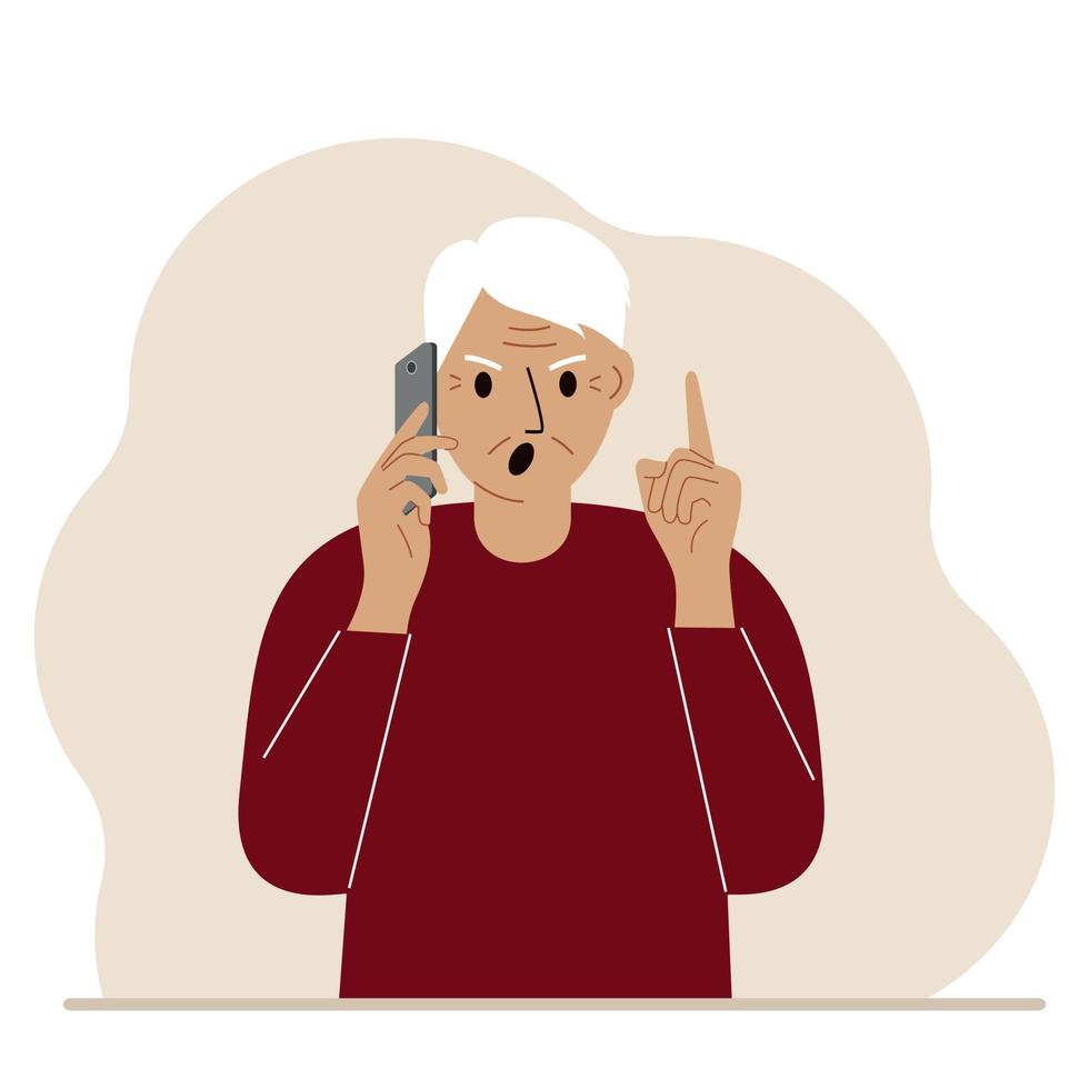 Screaming grandfather talking on a cell phone with emotions. One hand with the phone the other with a forefinger up gesture. Vector flat illustration