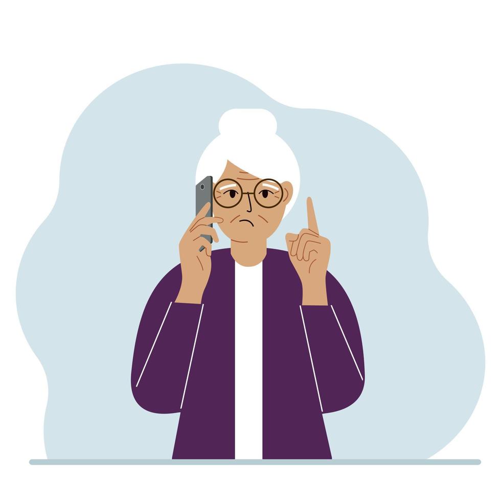 Sad grandmother talking on a cell phone with emotions. One hand with the phone the other with a forefinger up gesture. Vector flat illustration