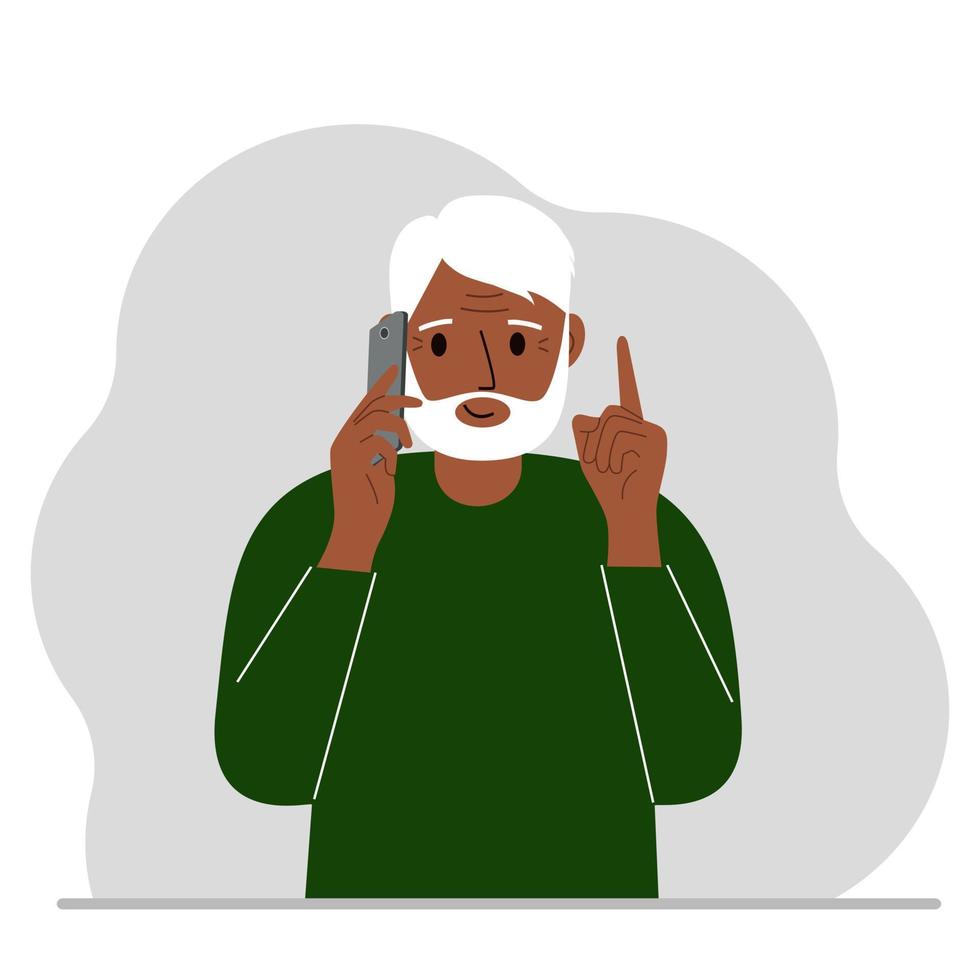 Smiling grandfather talking on a cell phone with emotions. One hand with the phone the other with a forefinger up gesture. Vector flat illustration