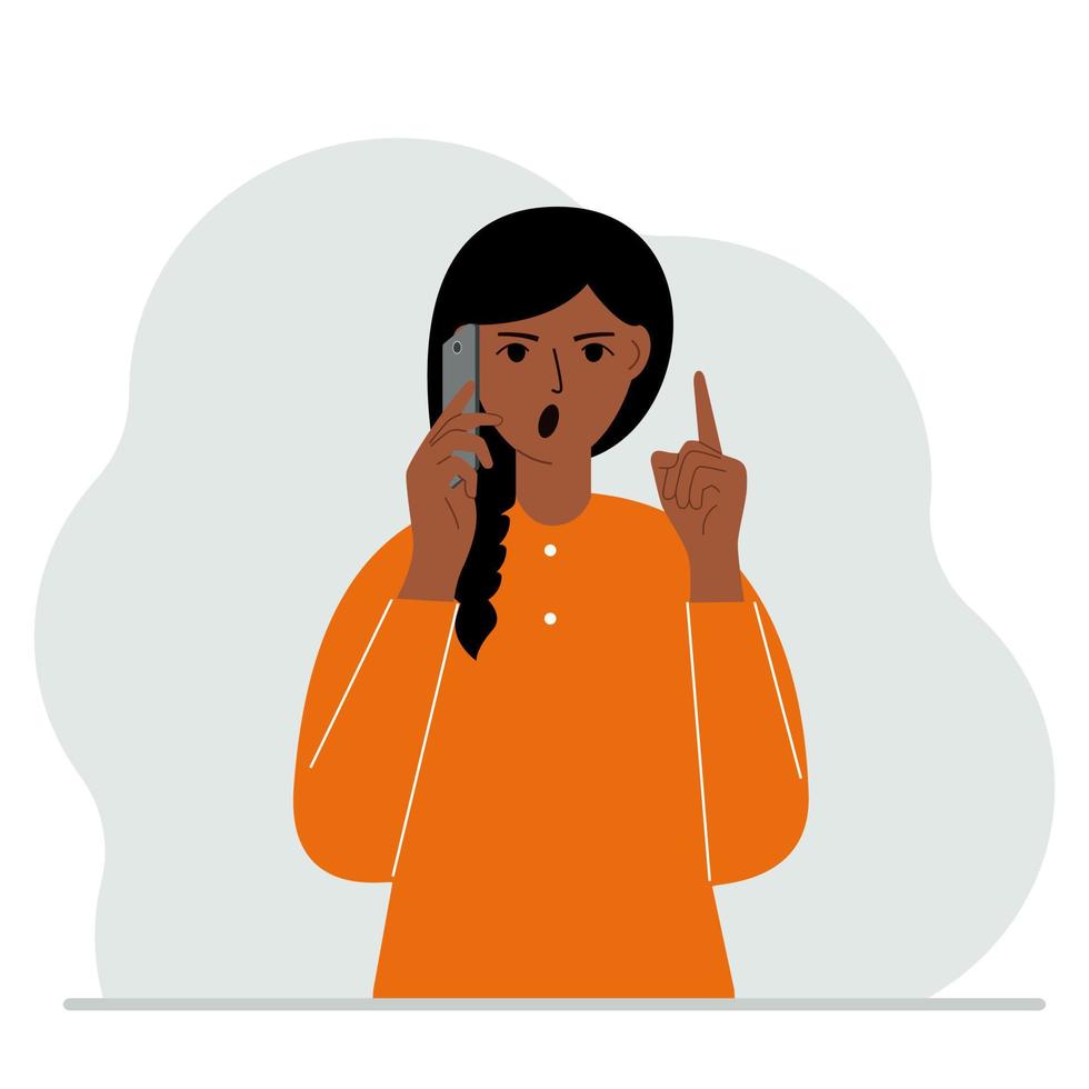 mujer gritando hablando por un celular con emociones. una mano con el teléfono la otra con un gesto de dedo índice hacia arriba. ilustración plana vectorial vector