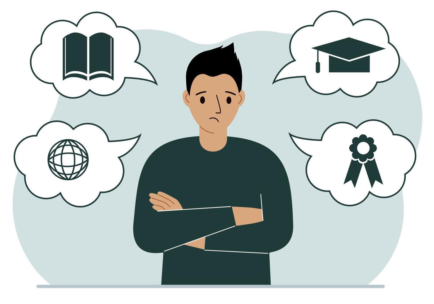 Sad man with thoughts about learning. Internet profession, higher education, stock exchange, financial literacy. Various icons about education. Vector flat illustration
