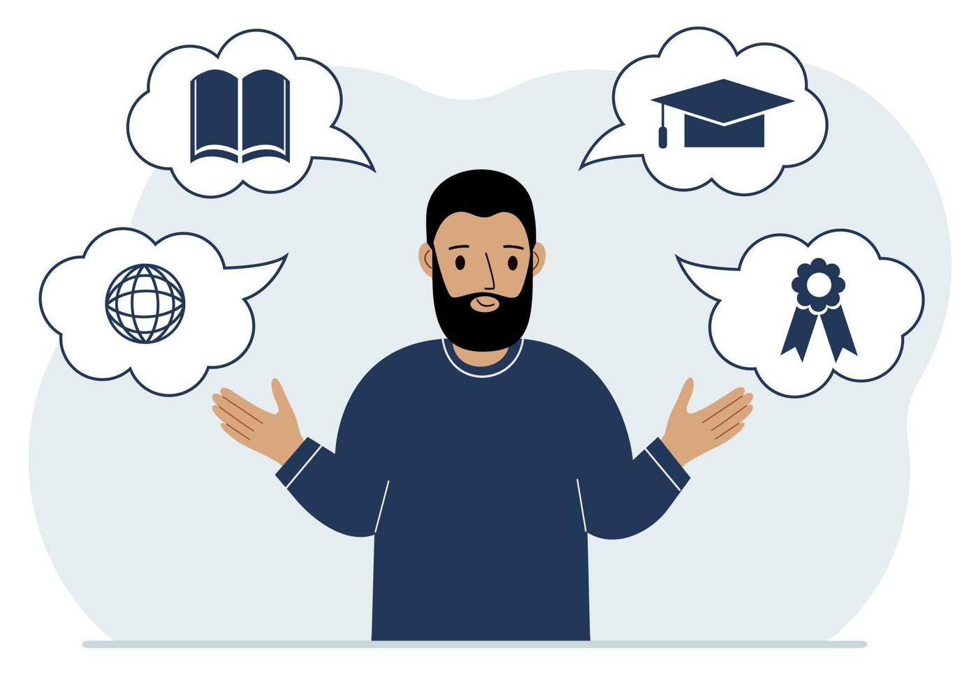 Happy man with thoughts about learning. Internet profession, higher education, stock exchange, financial literacy. Various icons about education. Vector flat illustration
