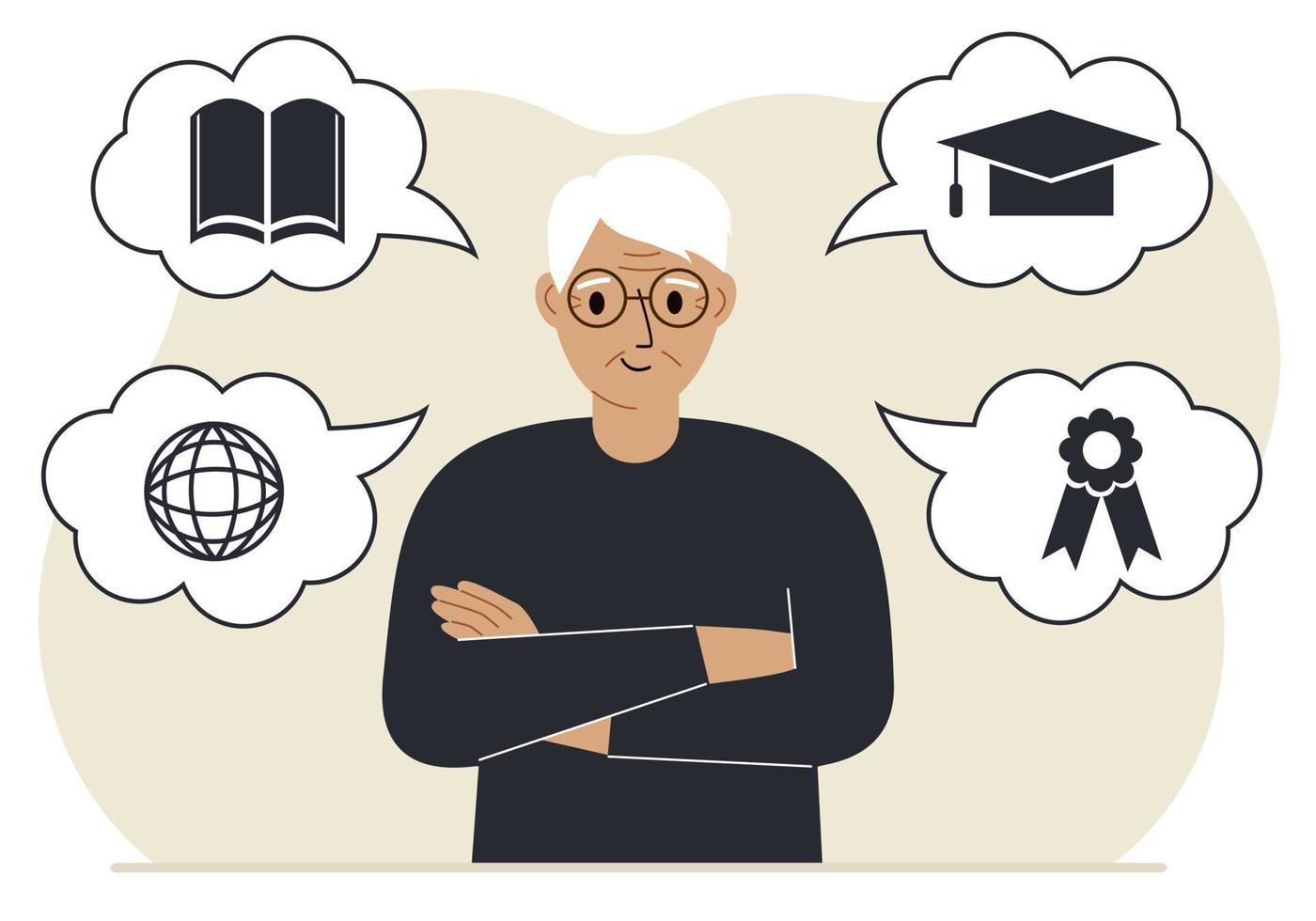 Happy granddad with thoughts about learning. Internet profession, higher education, stock exchange, financial literacy. Various icons about education. Vector flat illustration