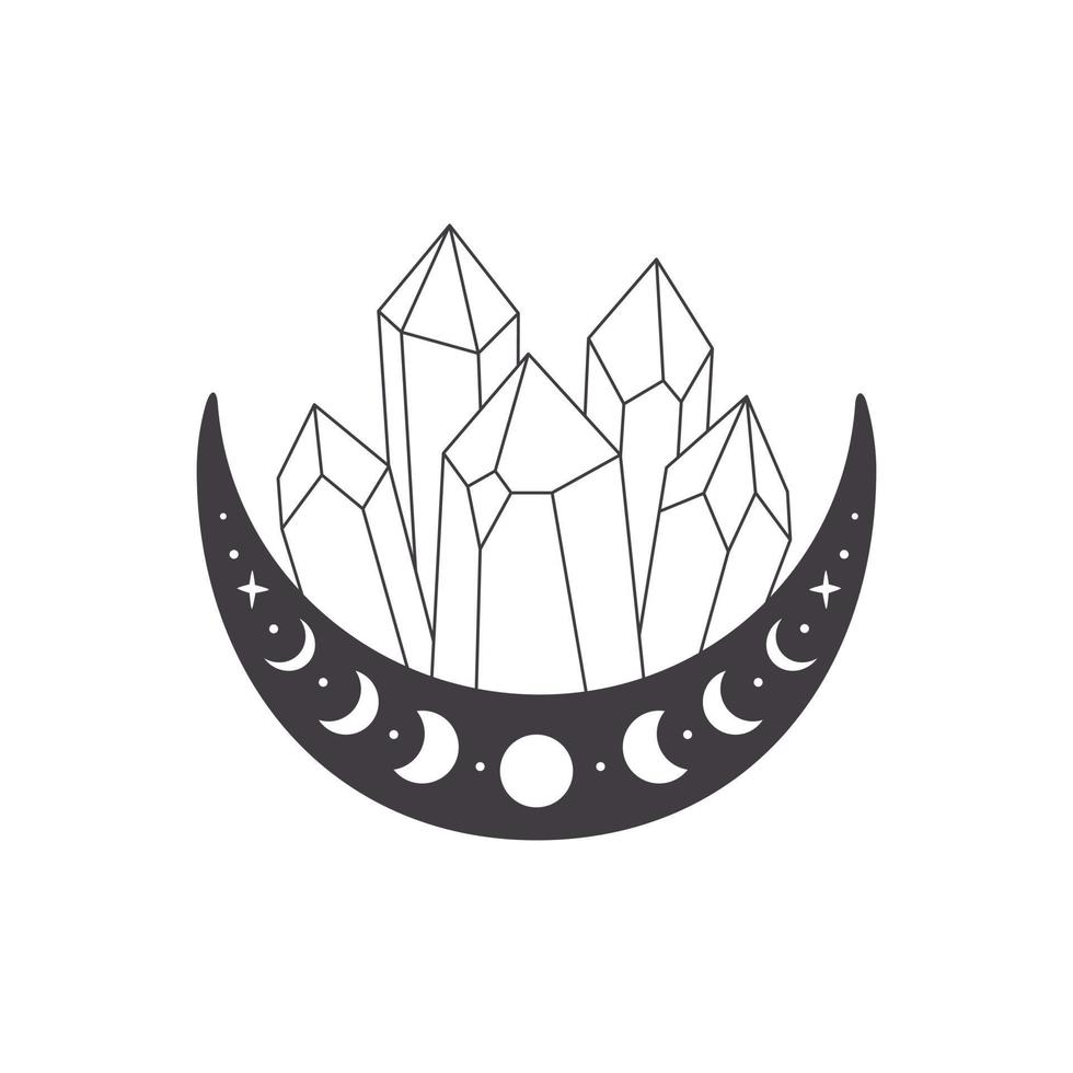 Mystical, esoteric or healing crystals with flowers, leaves. Linear art. Editable strocks vector