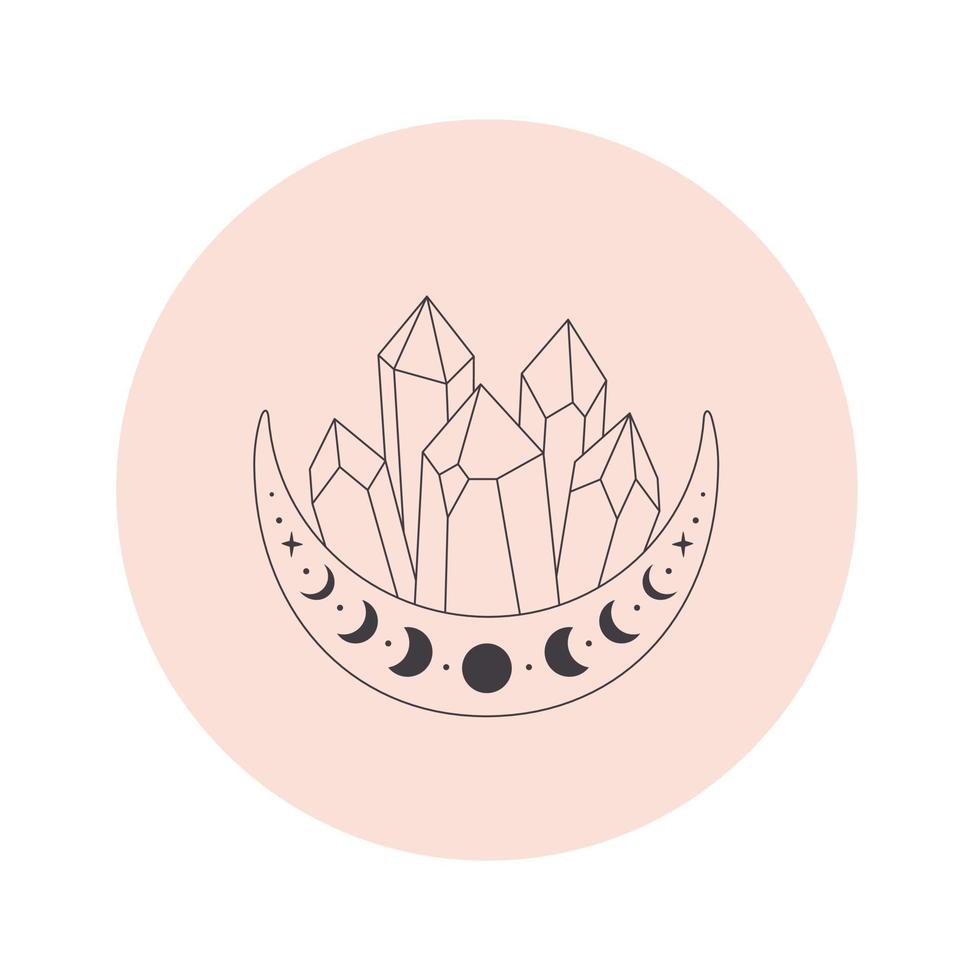 Mystical, esoteric or healing crystals with flowers, leaves. Linear art. Editable strocks vector