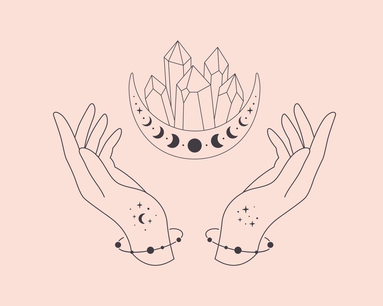 Hands with celestial mystical symbols. Mystical, esoteric or healing crystal. Linear art. vector