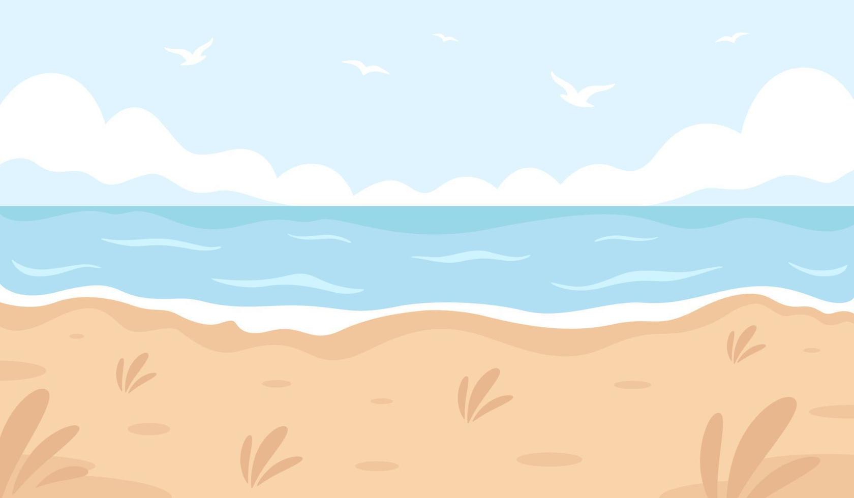 Sandy beach landscape. Hello summer, summer vacation. Ocean shore vector