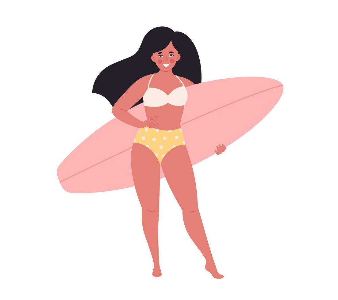 Woman with surfboard. Summer activity, summertime, surfing. Hello summer. Summer Vacation. vector