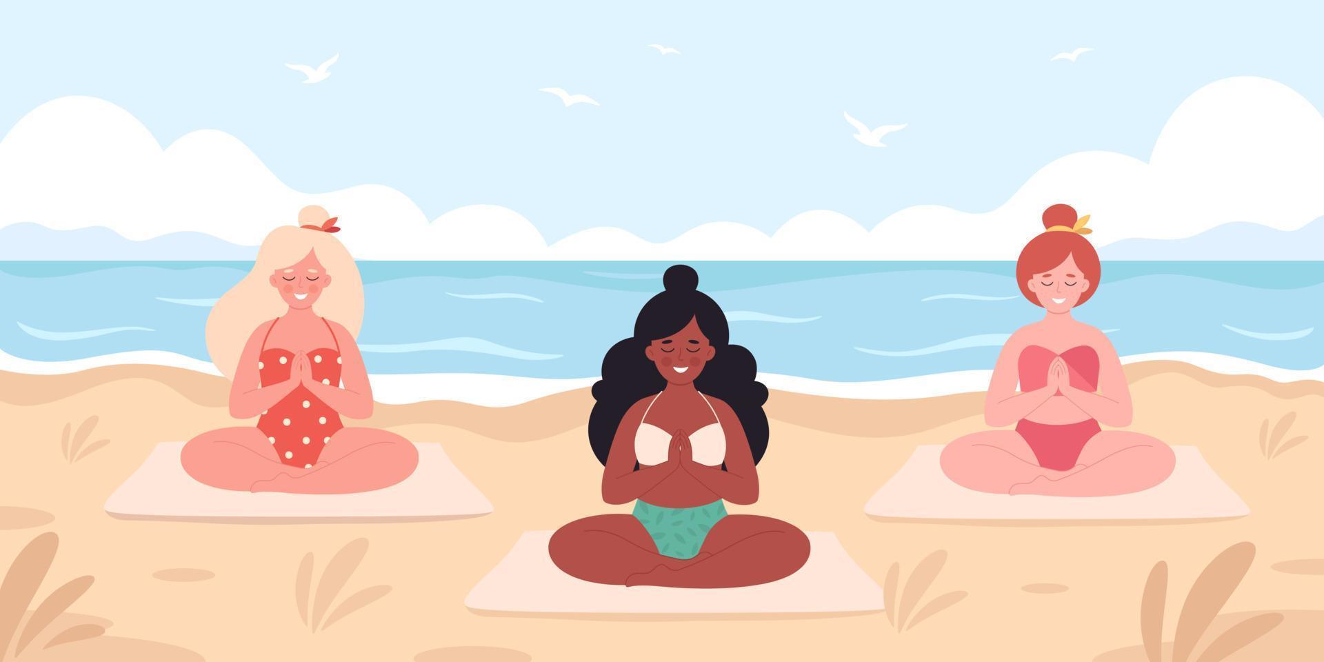 mujeres meditando en la playa. hola verano, ocio de verano, vacaciones. vector
