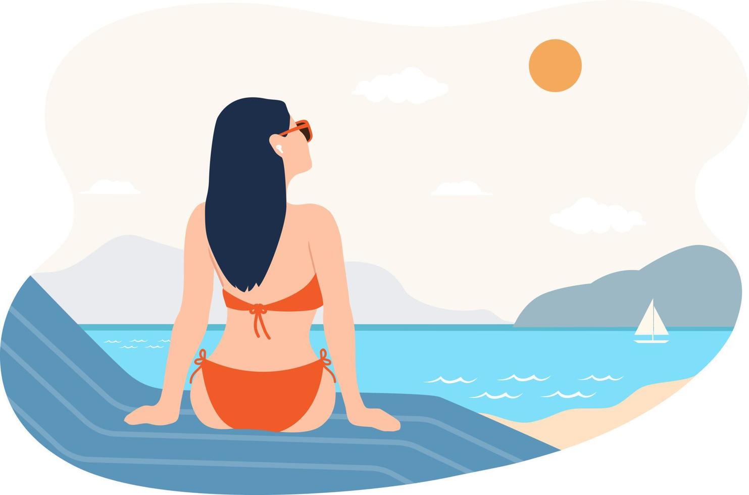 mujer joven con traje de baño rojo está tomando el sol en la ilustración de la playa vector