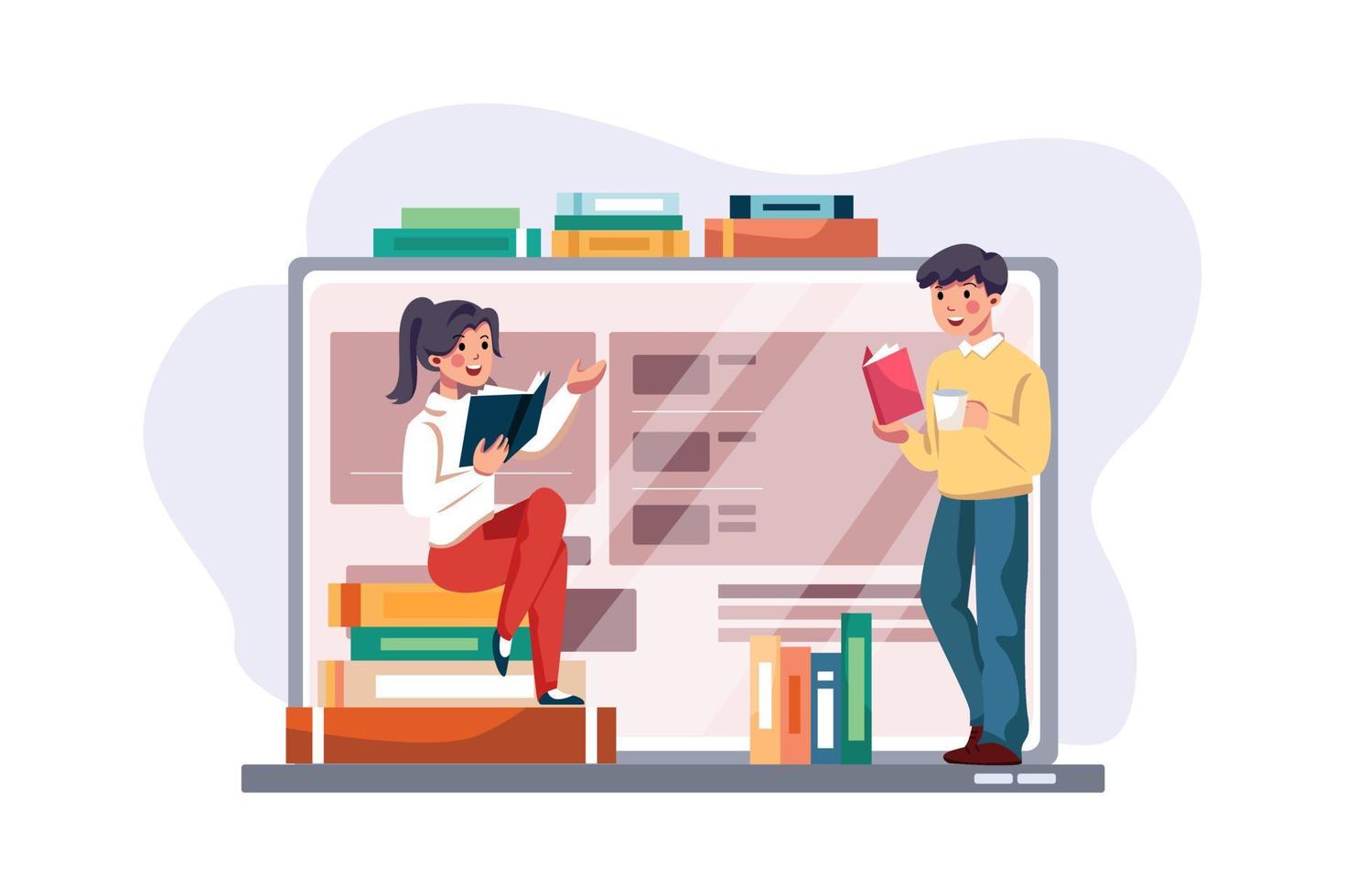 Online course with a lot of books and people vector