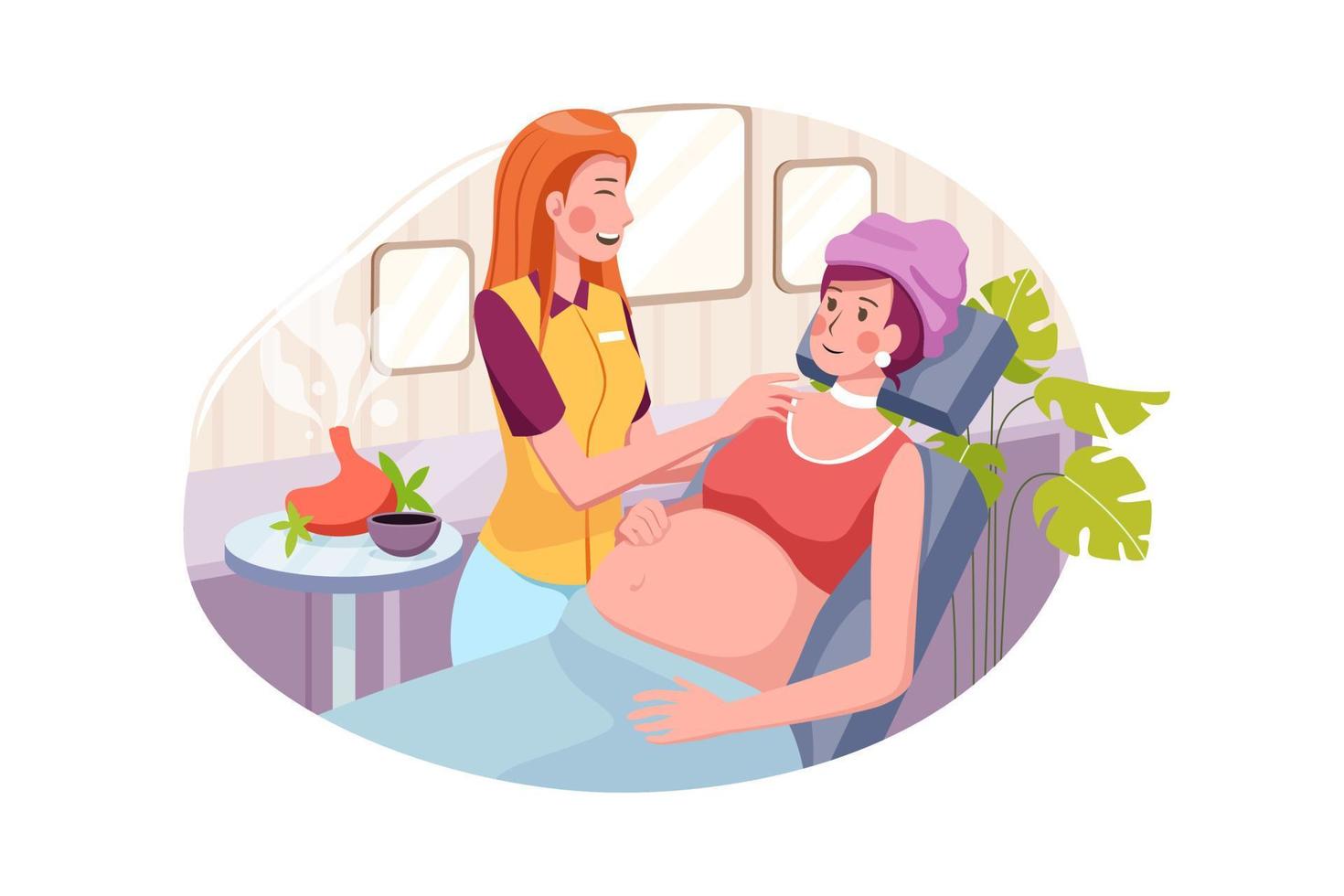 Young beautiful pregnant woman having massage in spa salon vector