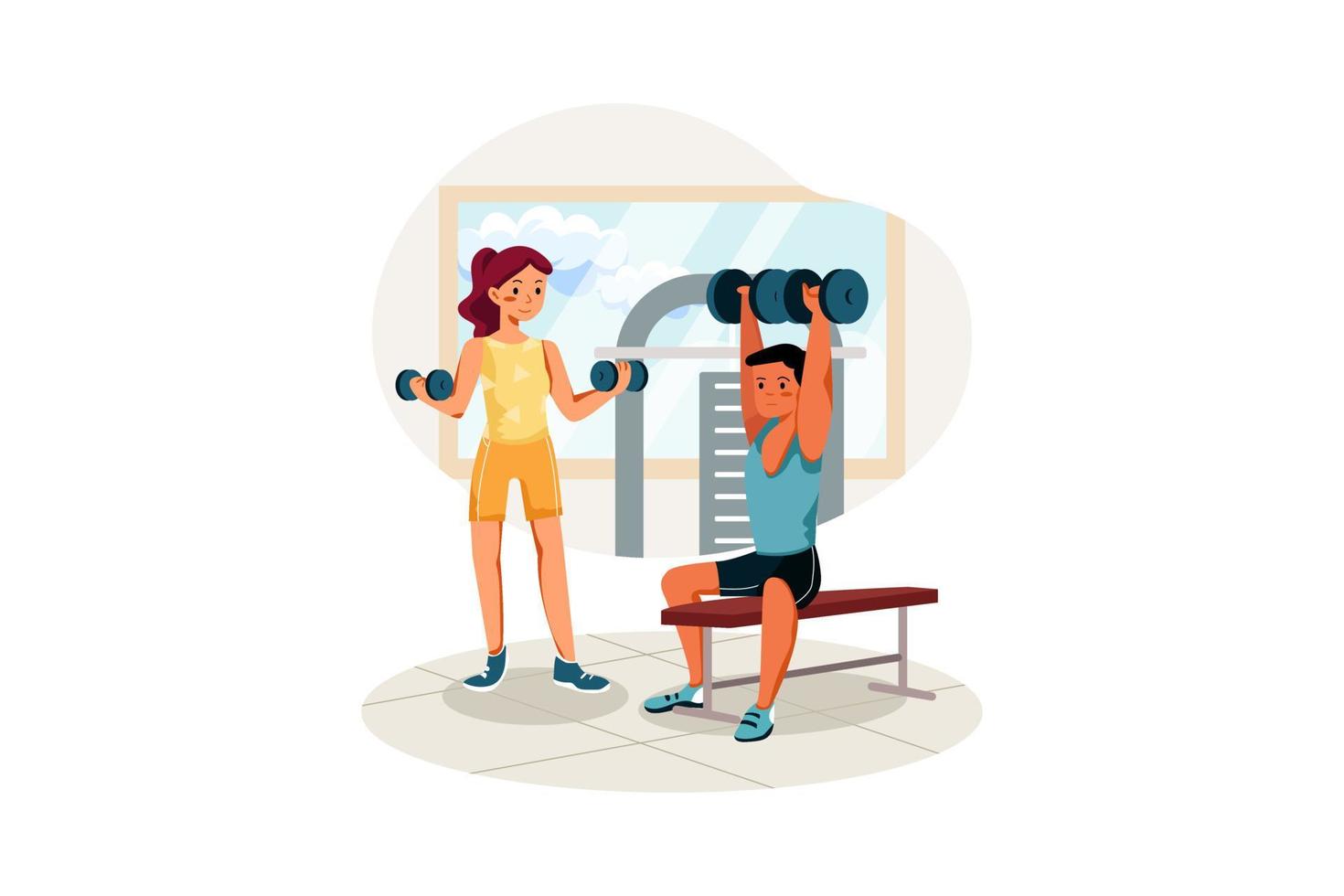 Couple doing weight lifting in the gym vector