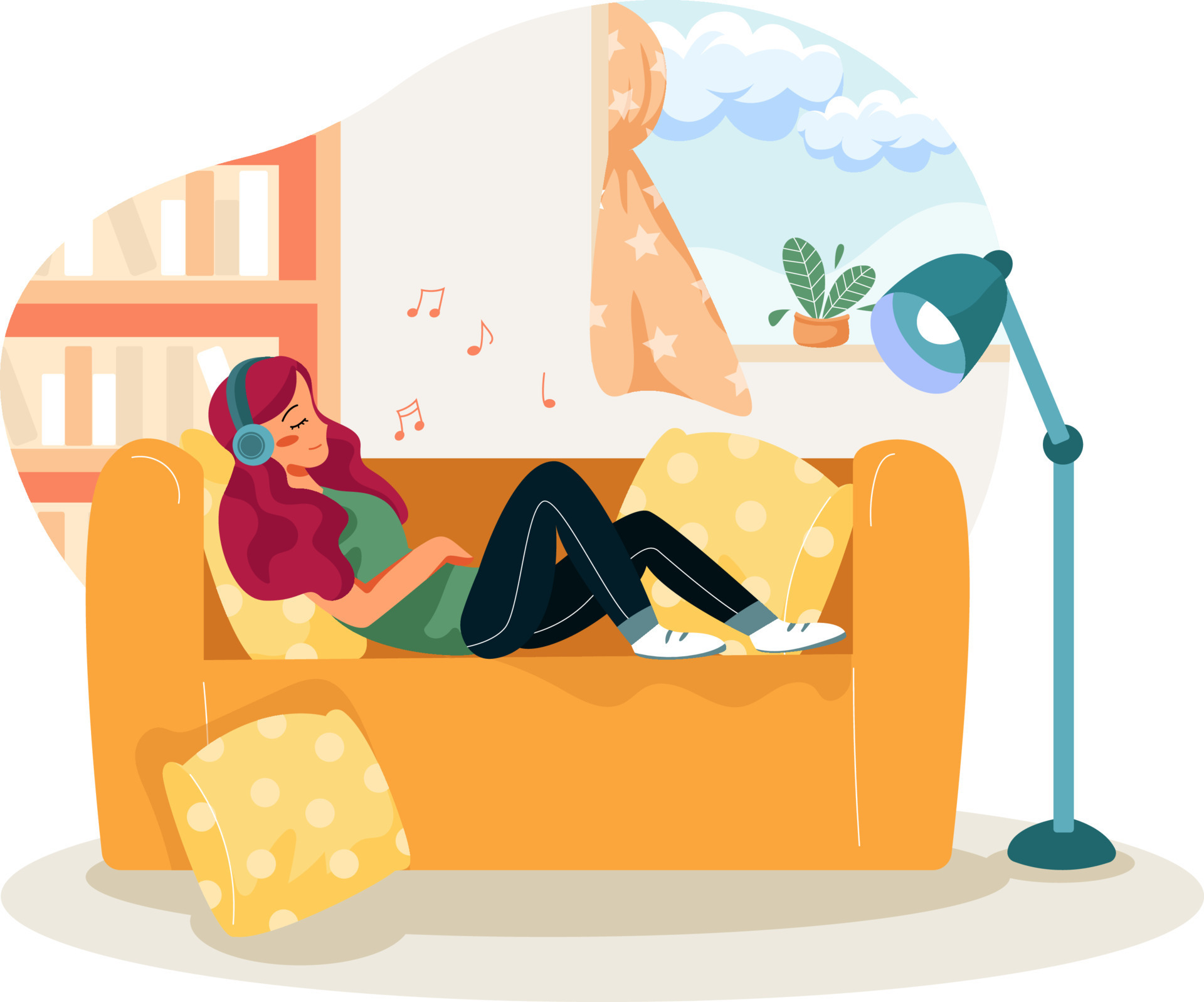 Girl listening to music while sleeping on the couch 7783472 Vector Art at Vecteezy