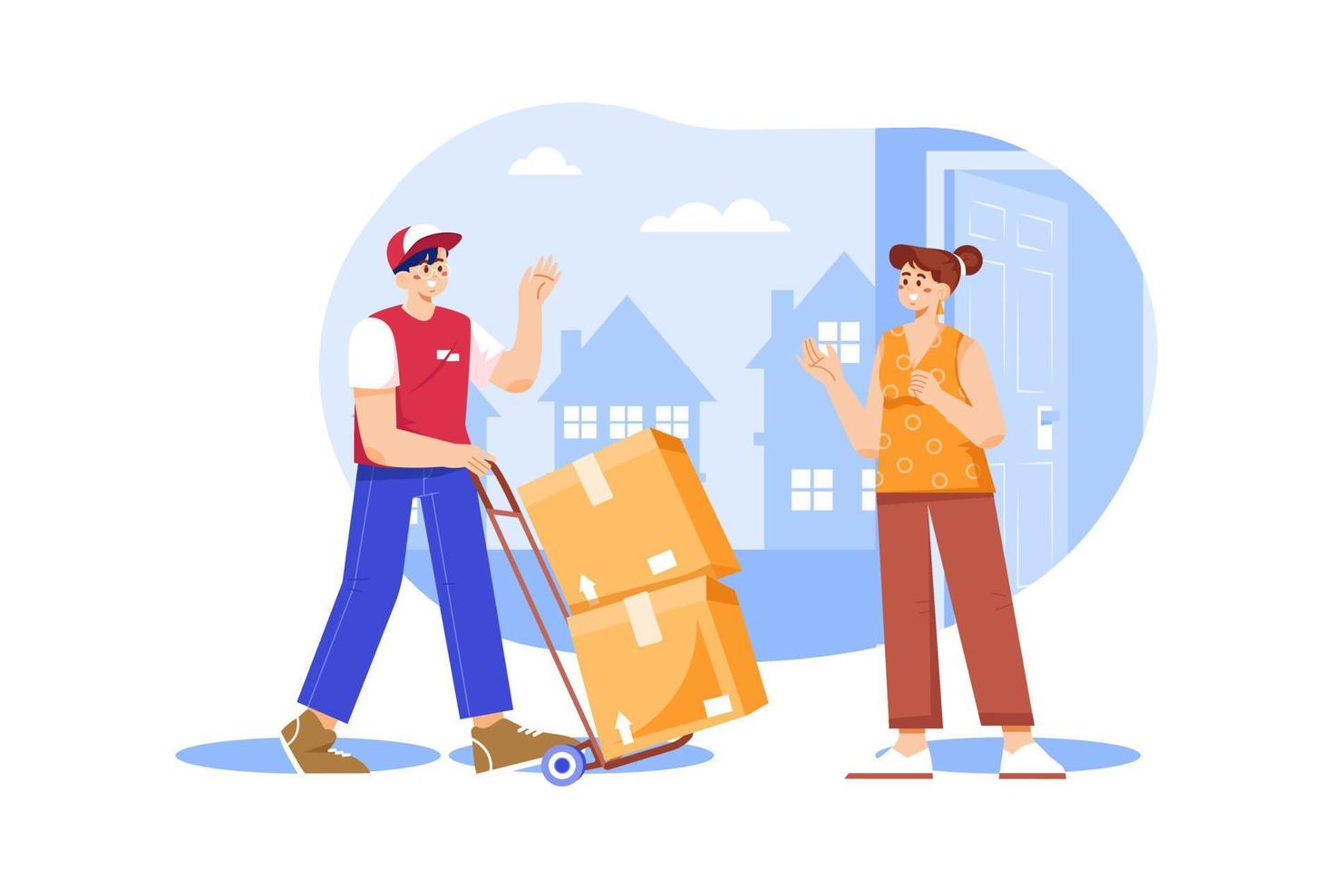 Delivery man pushes hand truck trolley full of cardboard boxes hands package to a customer vector