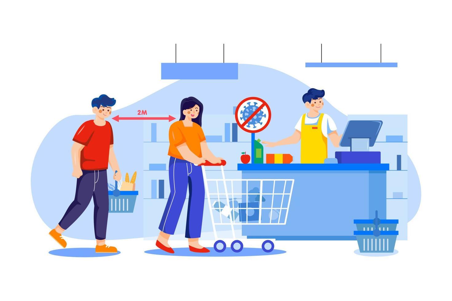 distancia social en el concepto de ilustración de caja de compras vector