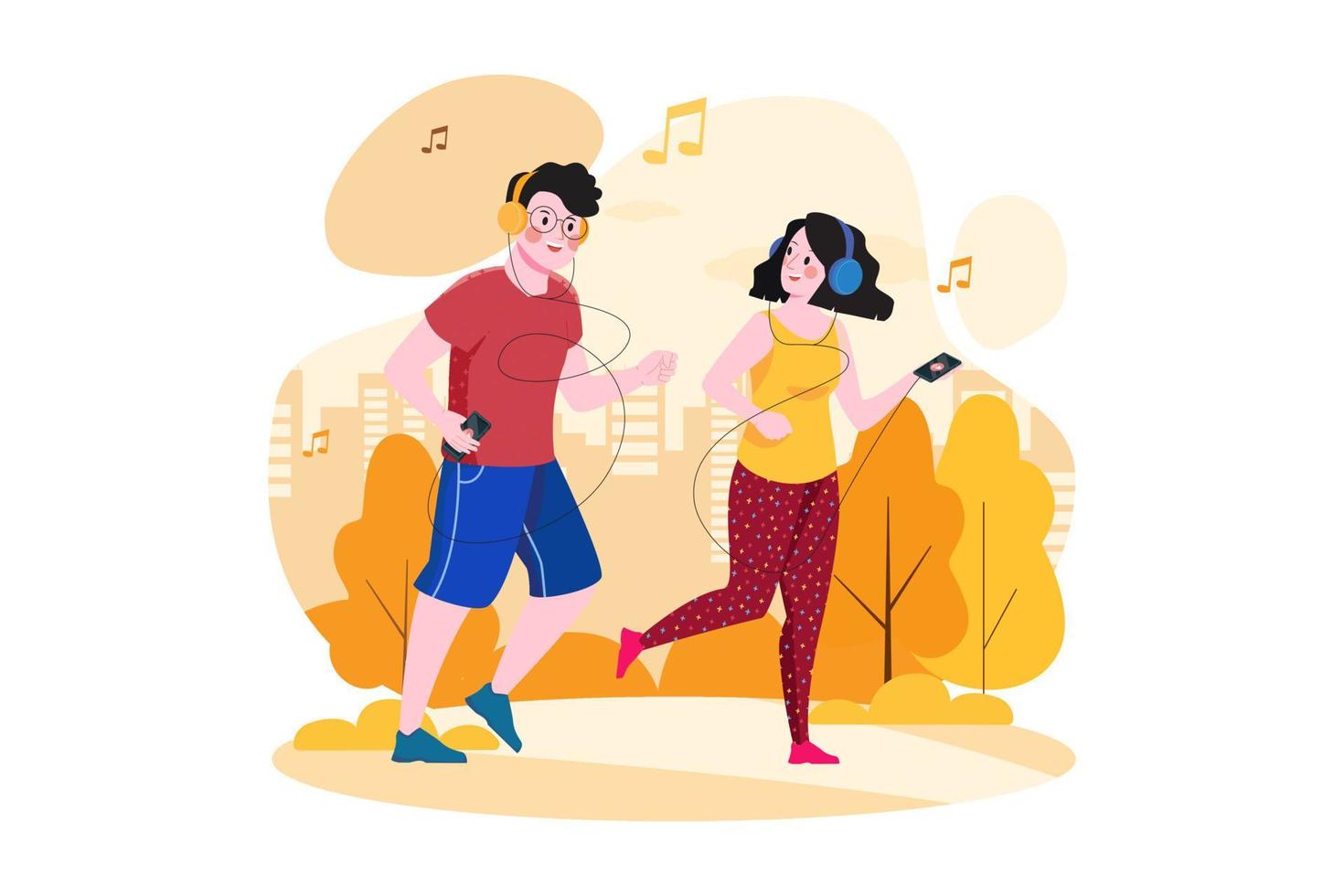 Couple listening to the podcast while jogging in the park vector