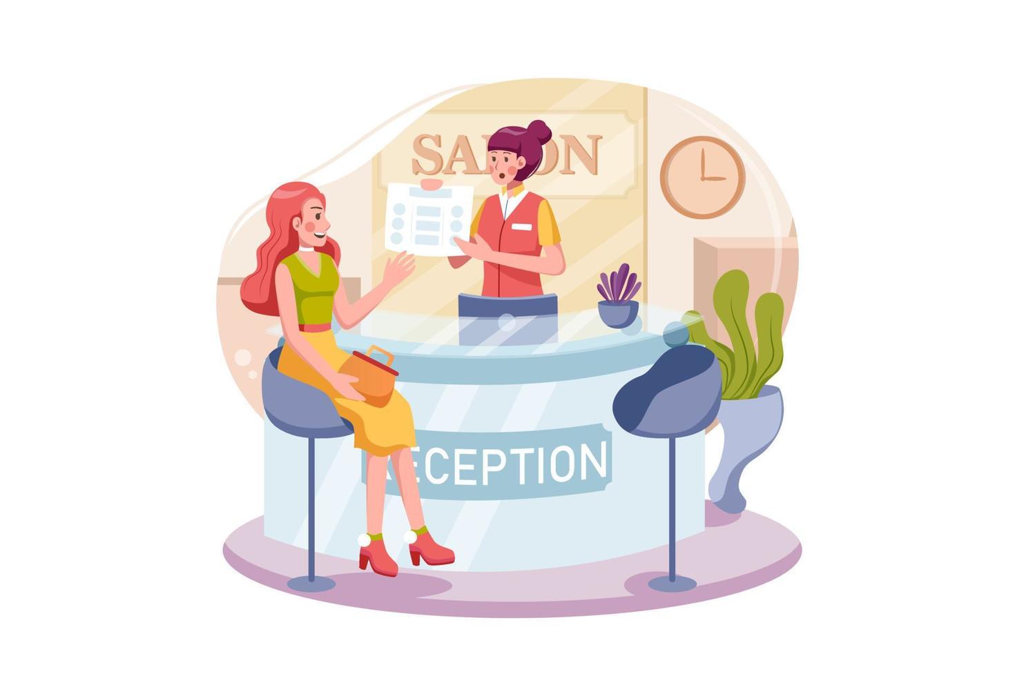 Beauty salon and spa reception. Beautiful female administrator standing at the counter vector