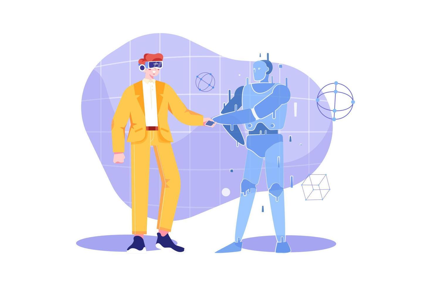 Man wearing virtual glasses is shaking a hand with a hologram graphic in a cyberspace area vector
