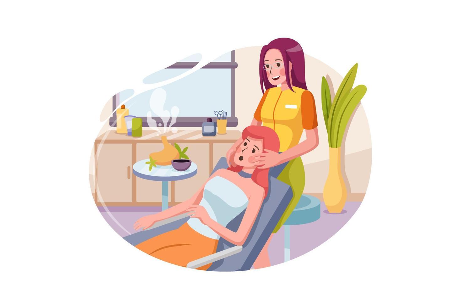 Beautiful young woman receiving facial massage in a beauty salon. vector