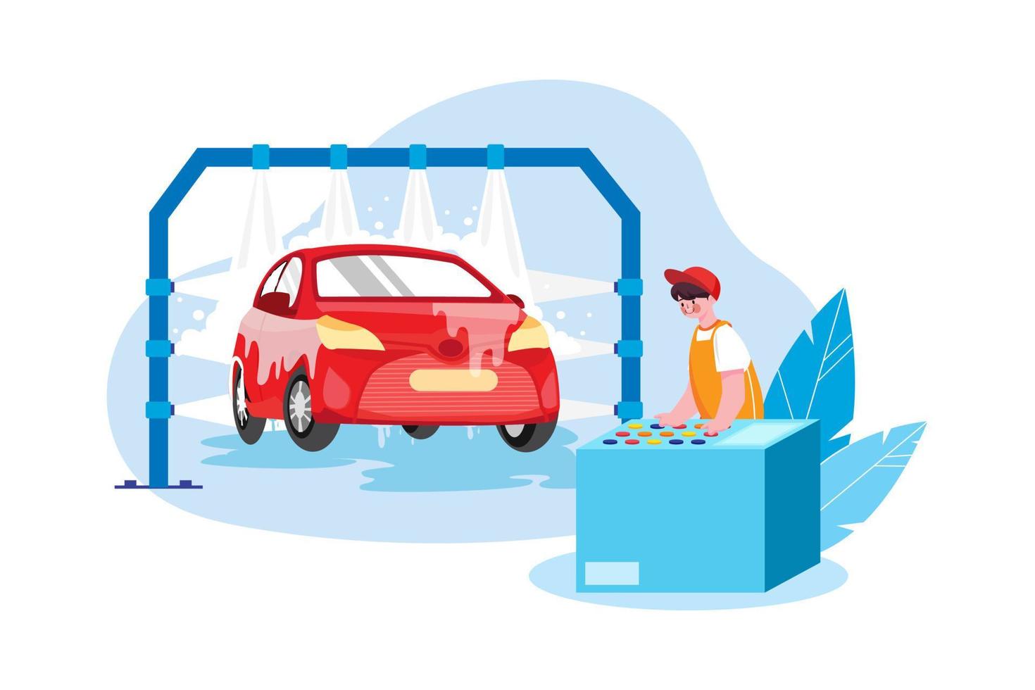 Ilustración de vector de lavado de coches sobre fondo azul, coche