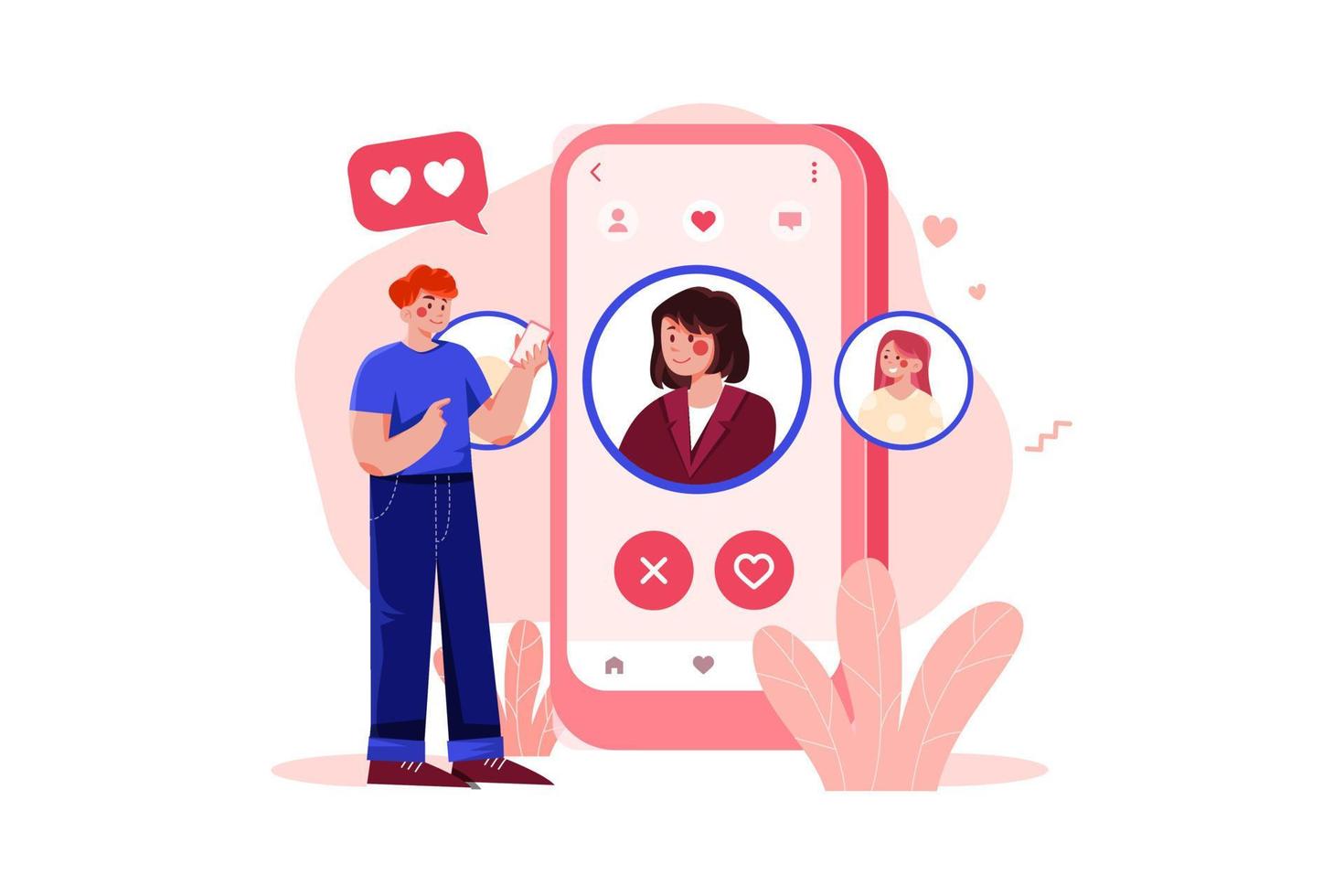 Man searching for girlfriend on dating app vector