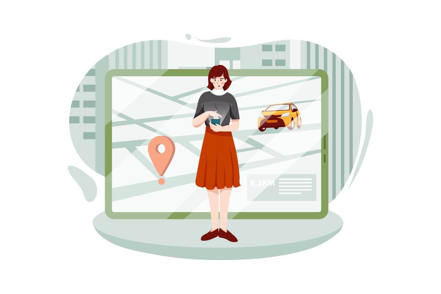 Girl passenger sending her location to the cab driver vector