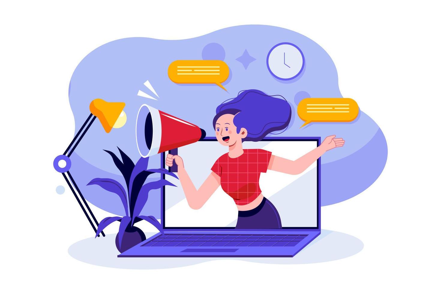 Woman on web screen with megaphone attracts people vector