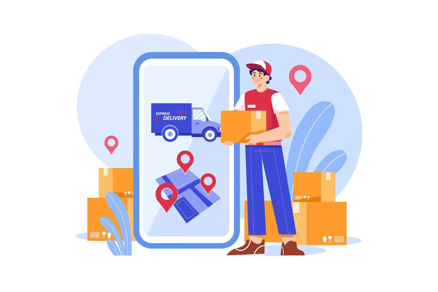 Smart-phone with a delivery truck, express delivery courier holding a cardboard box vector