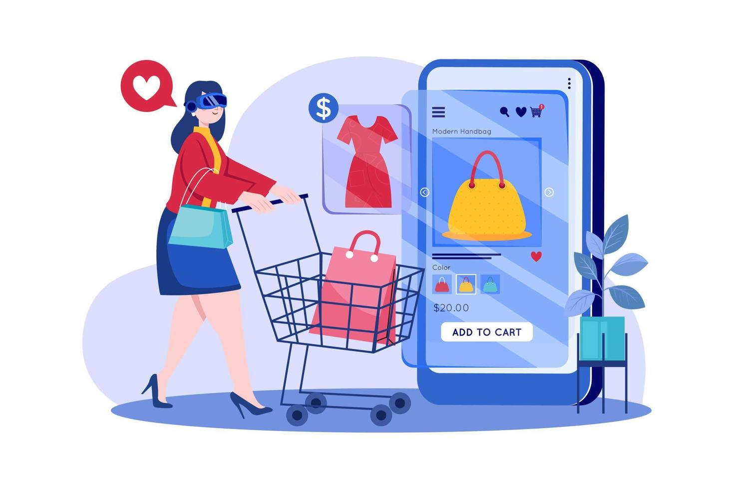 Lady doing online shopping using Vr glasses vector