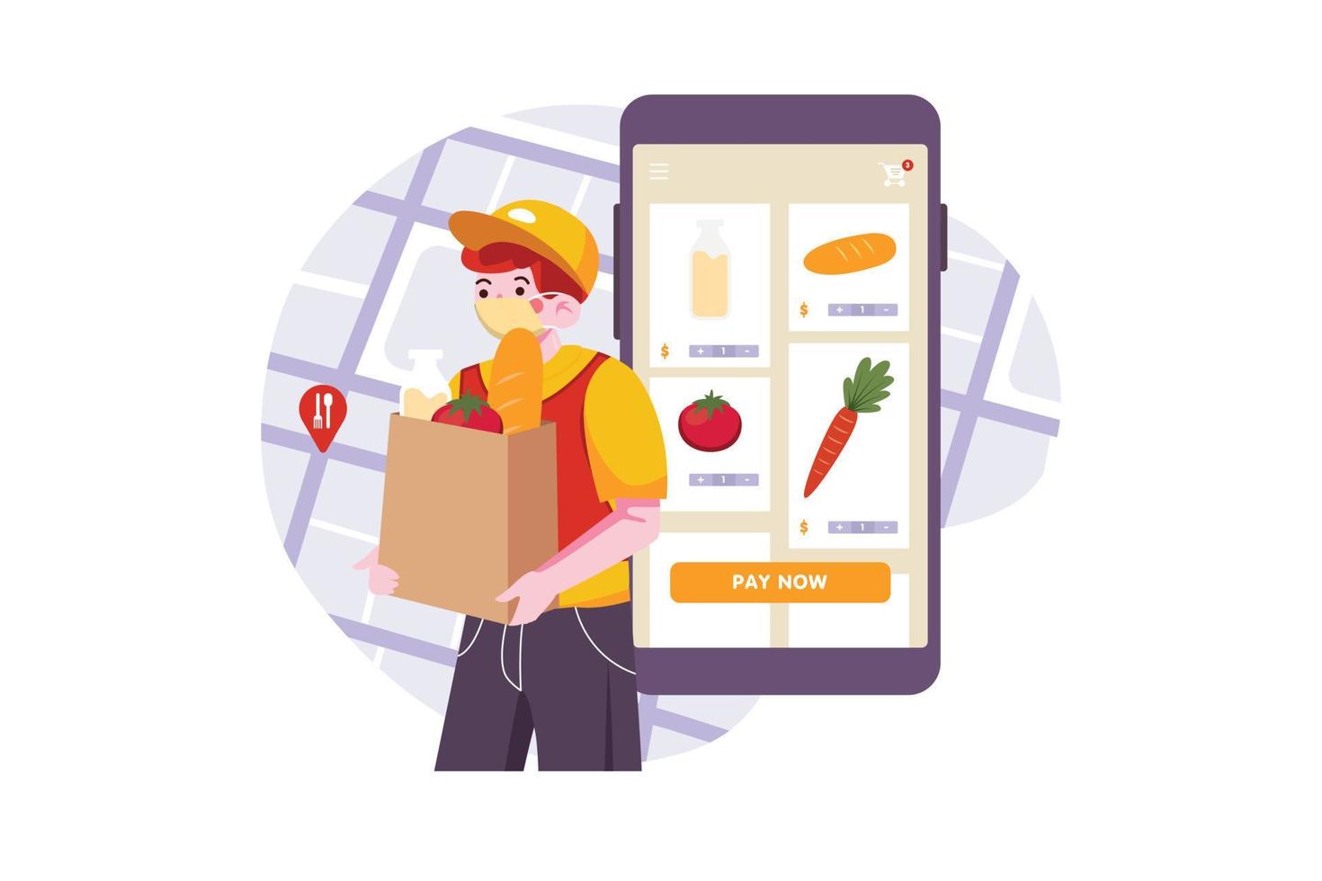 Man Delivering Food While Wearing A Medical Mask vector