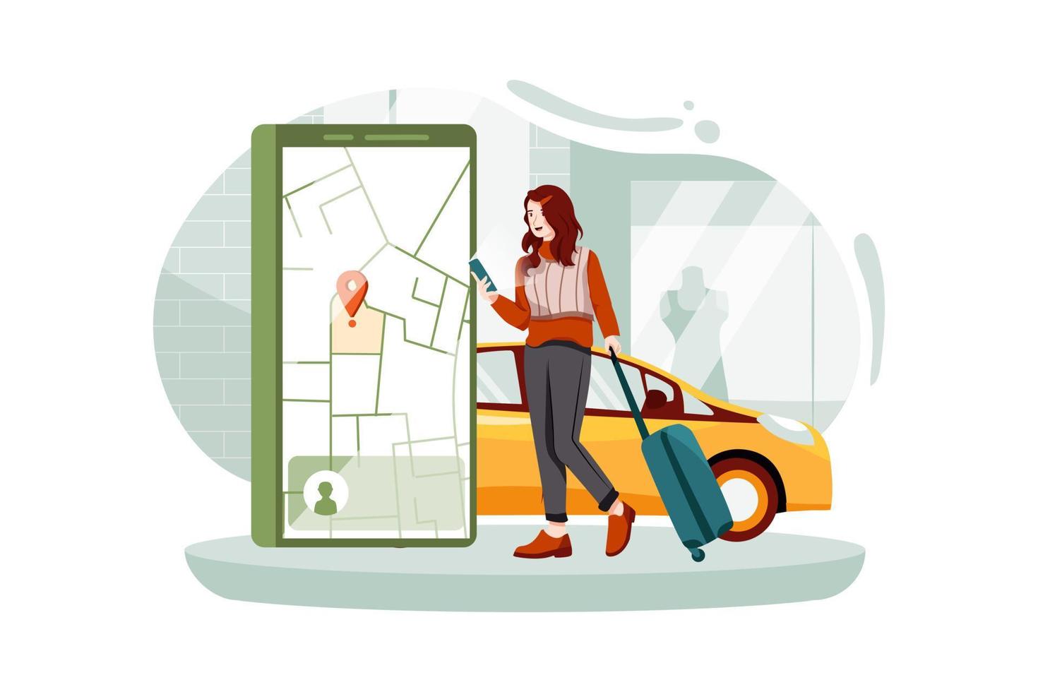 Traveler Lady ordering a taxi from mobile app vector