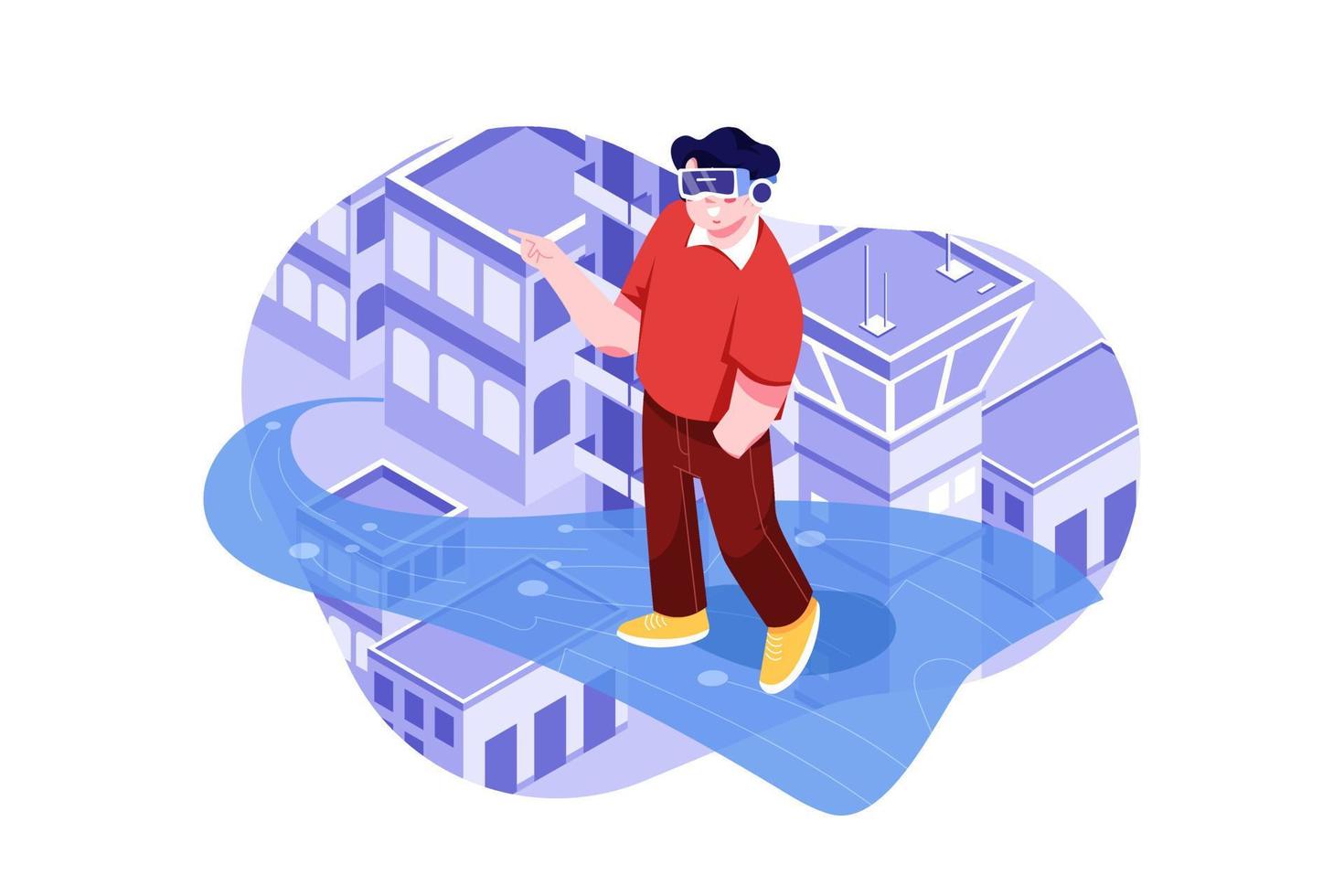 High angle view of a man walking on the digital bridge to a futuristic metaverse smart city vector