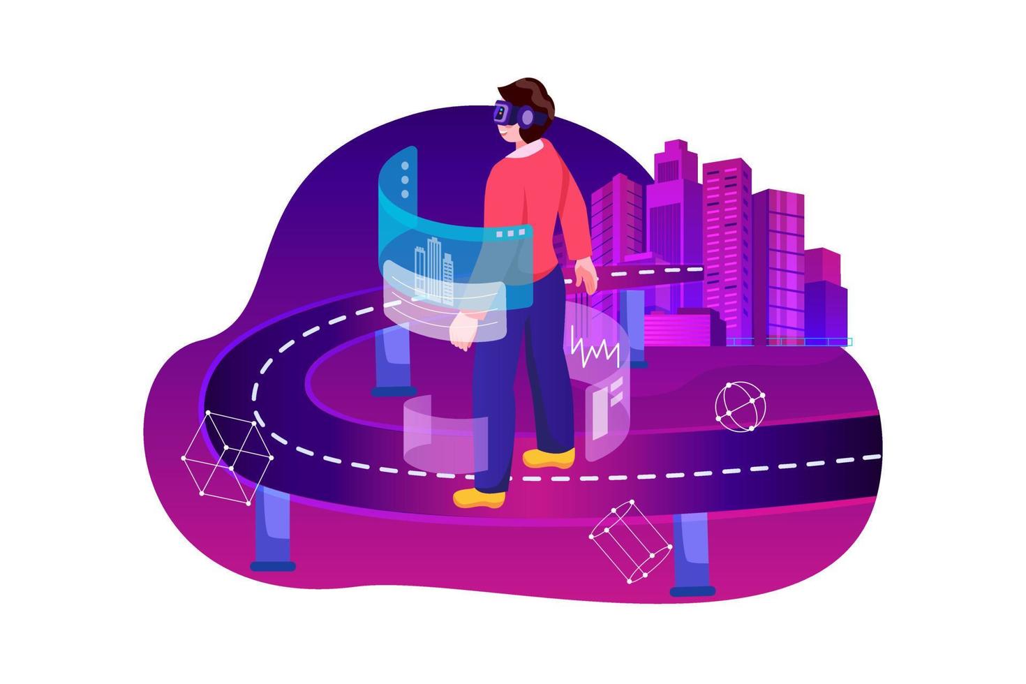 High angle view of a man walking on the digital bridge to a futuristic metaverse smart city vector