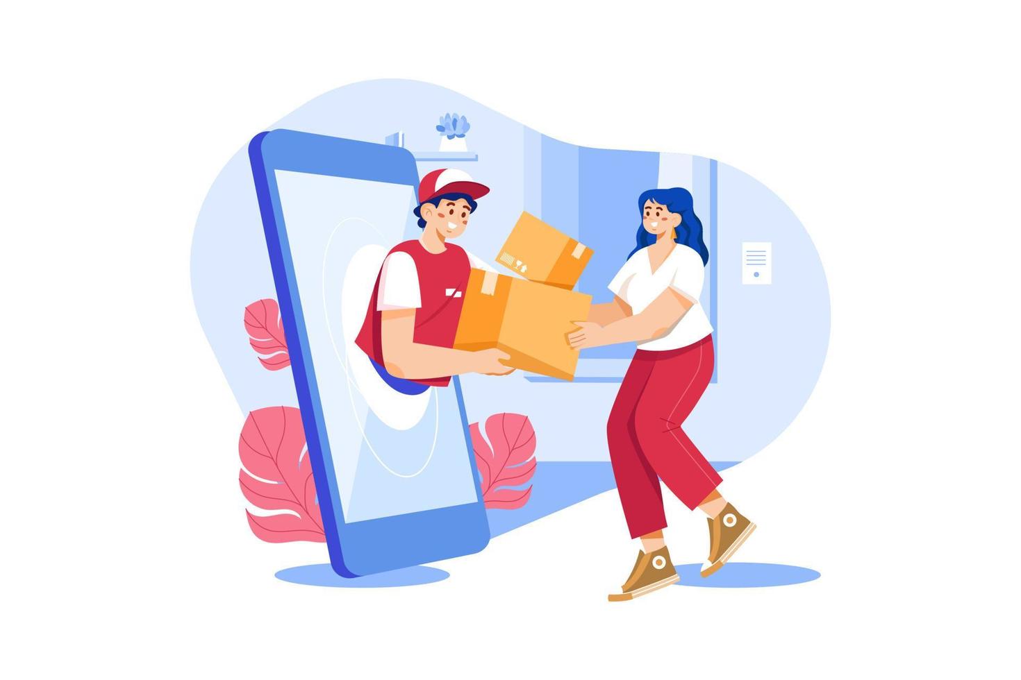 A young woman receiving a parcel from a delivery service courier through the smart-phone screen vector