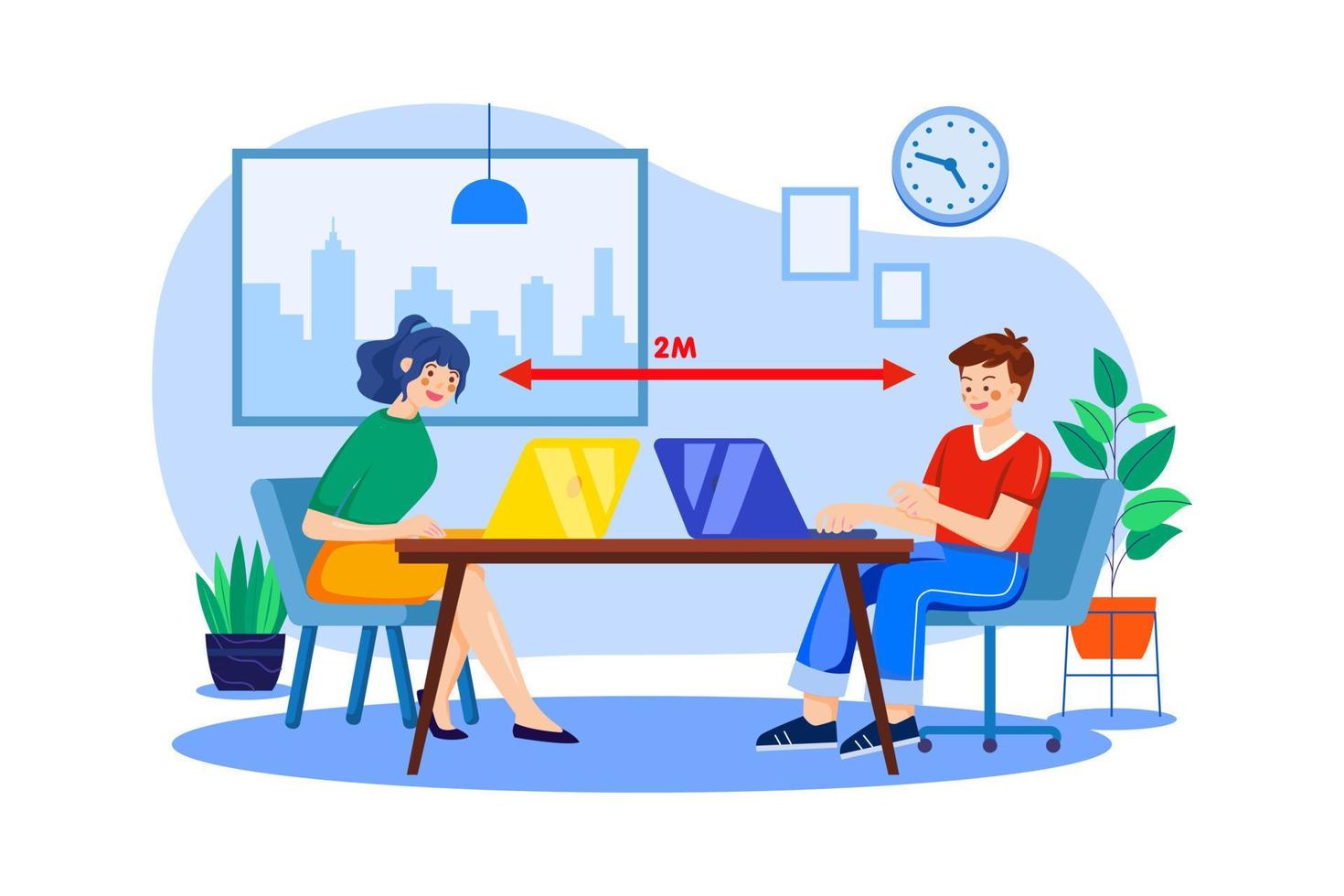 Office employee at a safe social distance vector